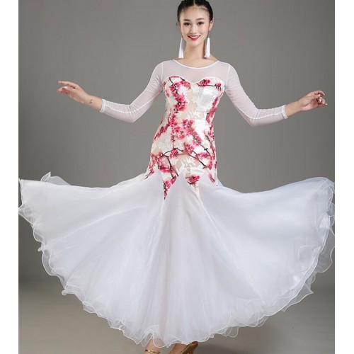 Women white ballroom dance dresses for female ladies  flroal printed lace waltz tango foxtrot smooth dance dresses